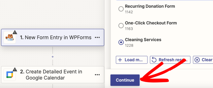 continue button in Zapier