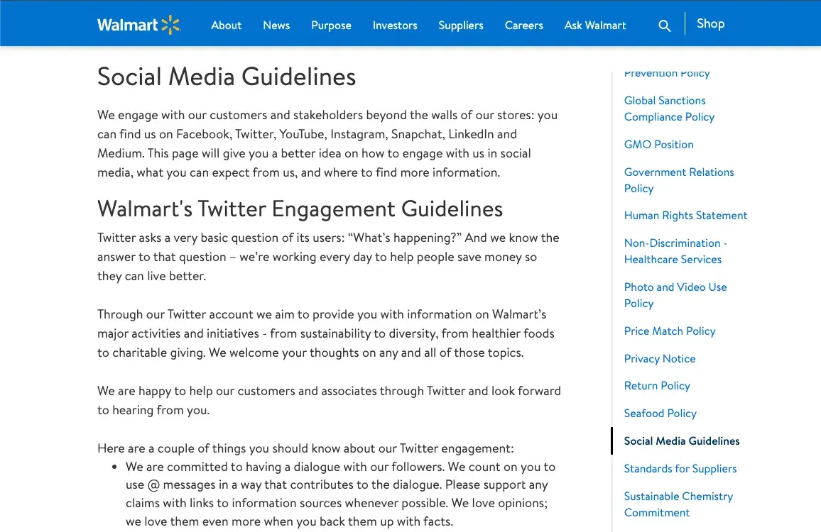 Screenshot of Walmart’s social media policy