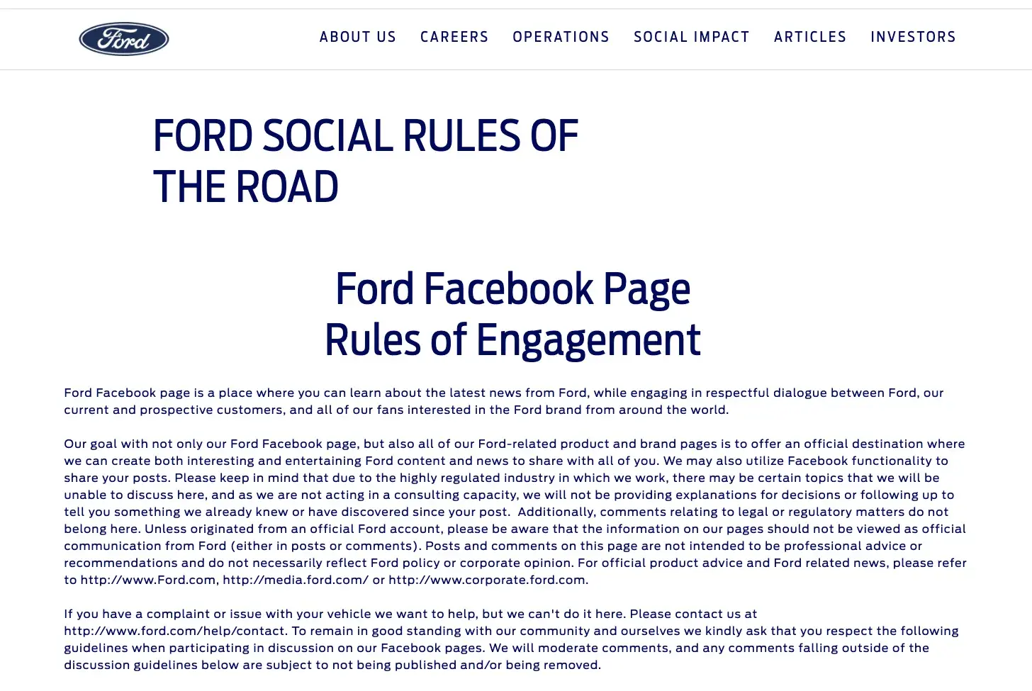 Screenshot of Ford Motors social media policy