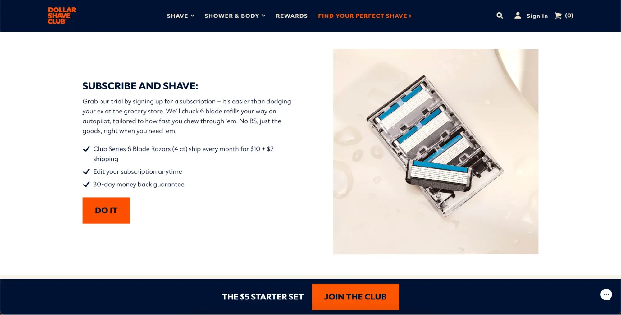 Screenshot of Dollar Shave Club website showing witty copy.