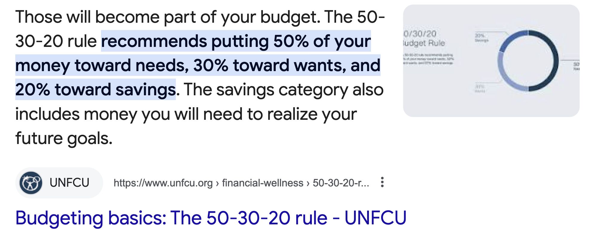 Featured snippet for the query "50 30 20 rule".