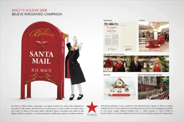 Macy’s Believe Campaign ad from 2008 showing a small child putting her letter to Santa in a red mailbox.