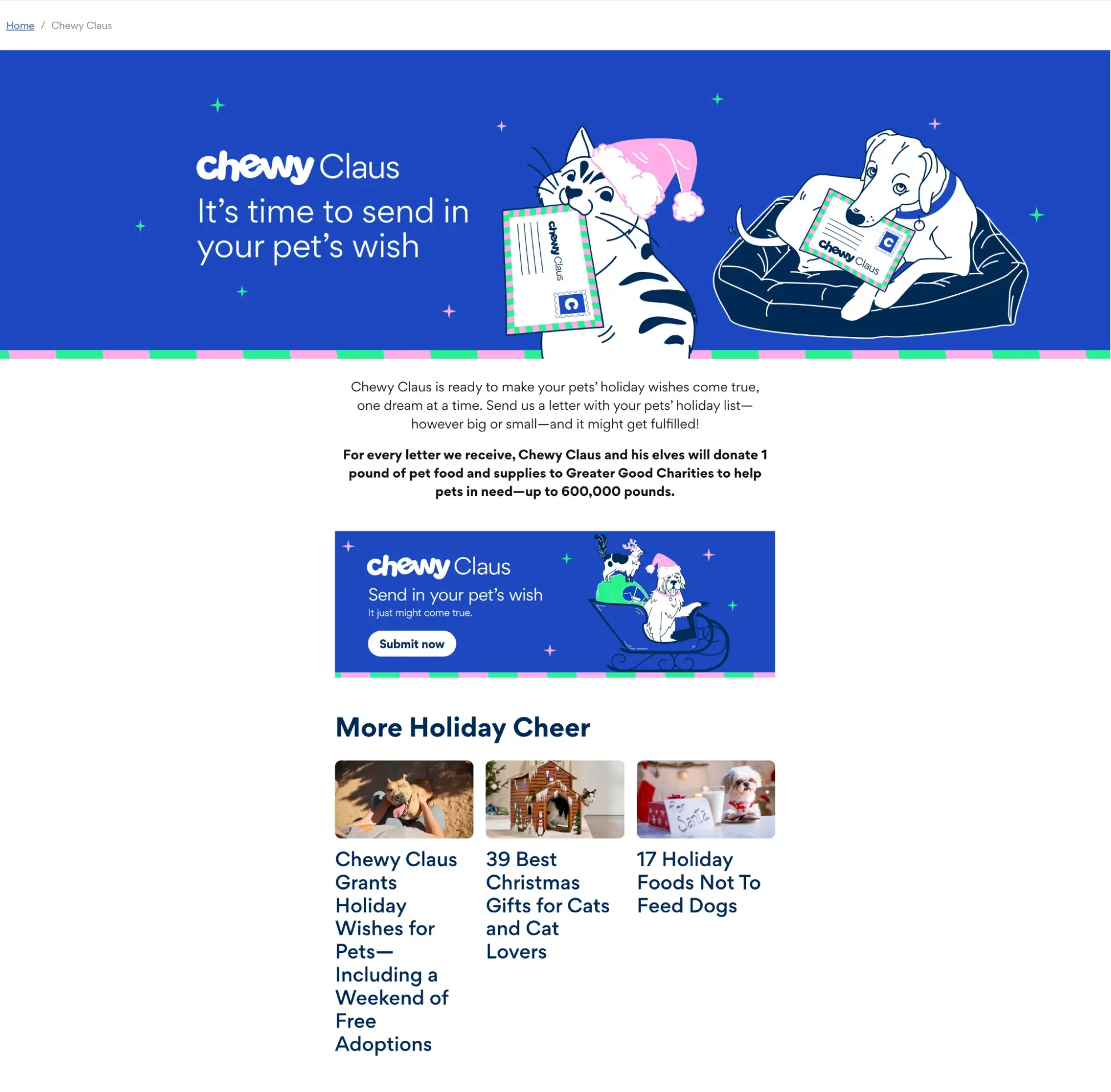 Screenshot showing the Chewy Claus landing page