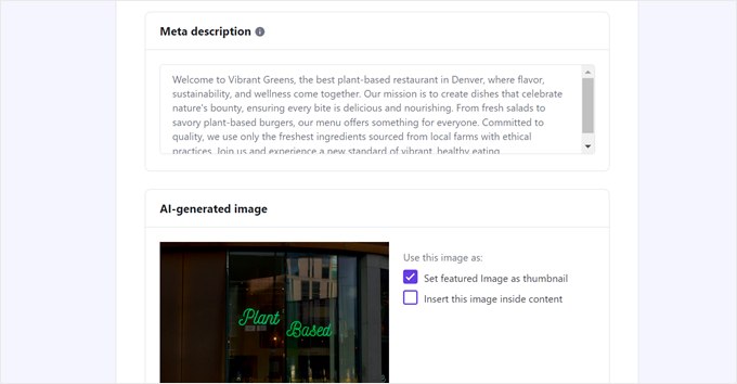 The meta description and featured image generated in Hostinger WordPress AI Assistant