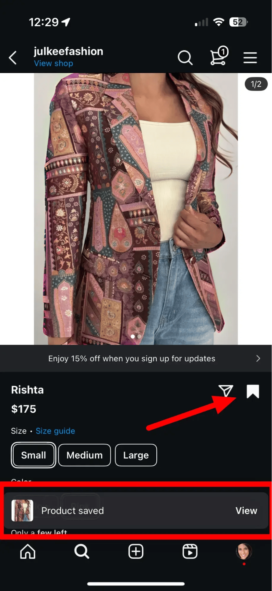 Screenshot showing the “save” button in Instagram Shops. 