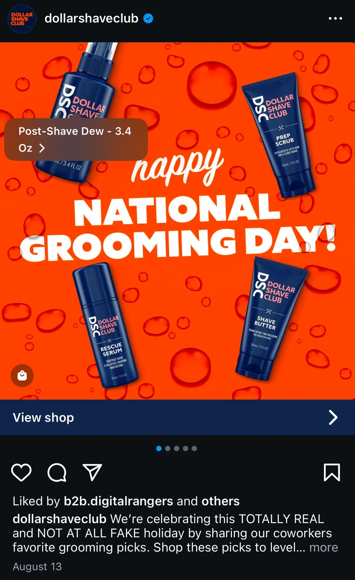 Screenshot showing how a tagged product appears in a feed post from Dollar Shave Club. 