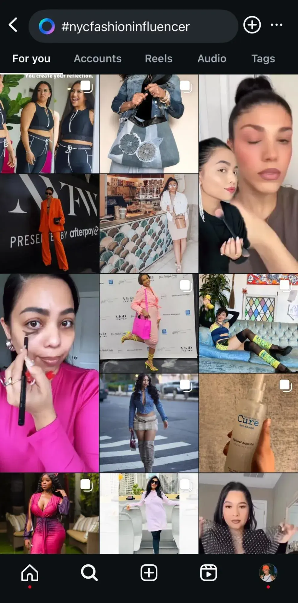 Micro influencer marketing: Search results for #nycfashioninfluencer in the “For you” tab.