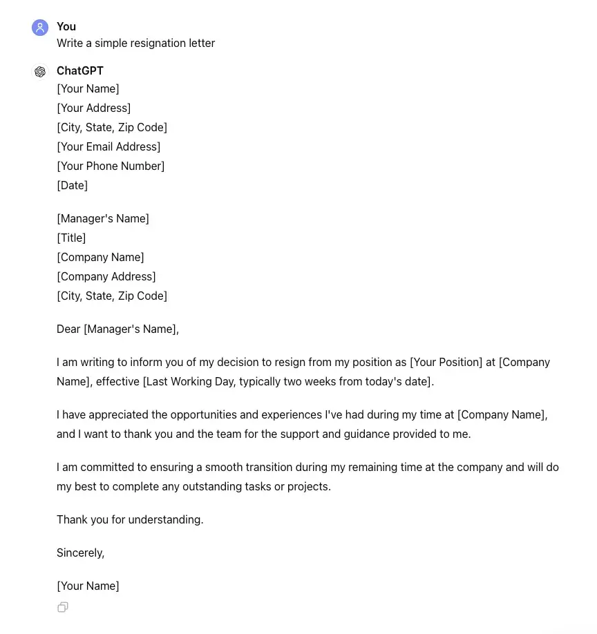 how to write a resignation letter using AI, ChatGPT results example