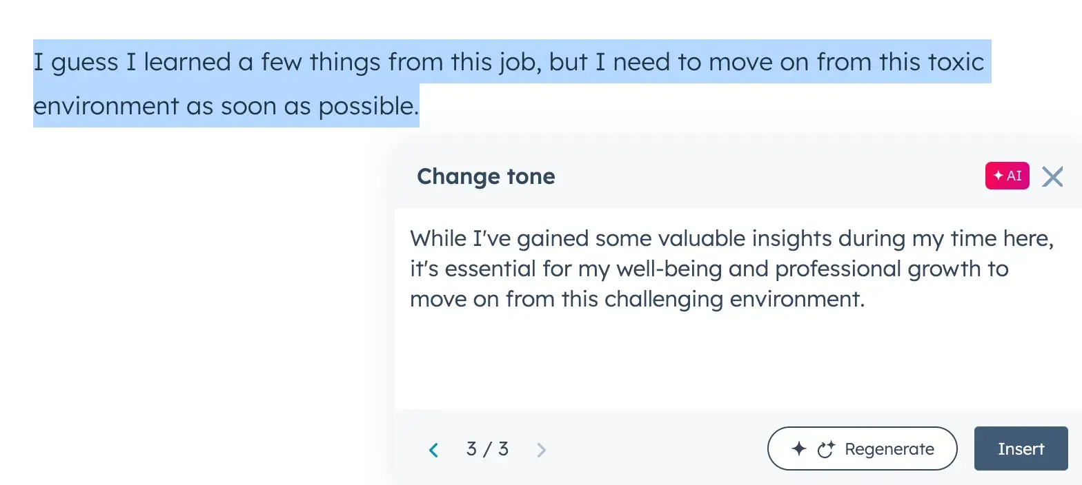how to write a professional resignation letter, sample output from HubSpot’s AI paragraph rewriter
