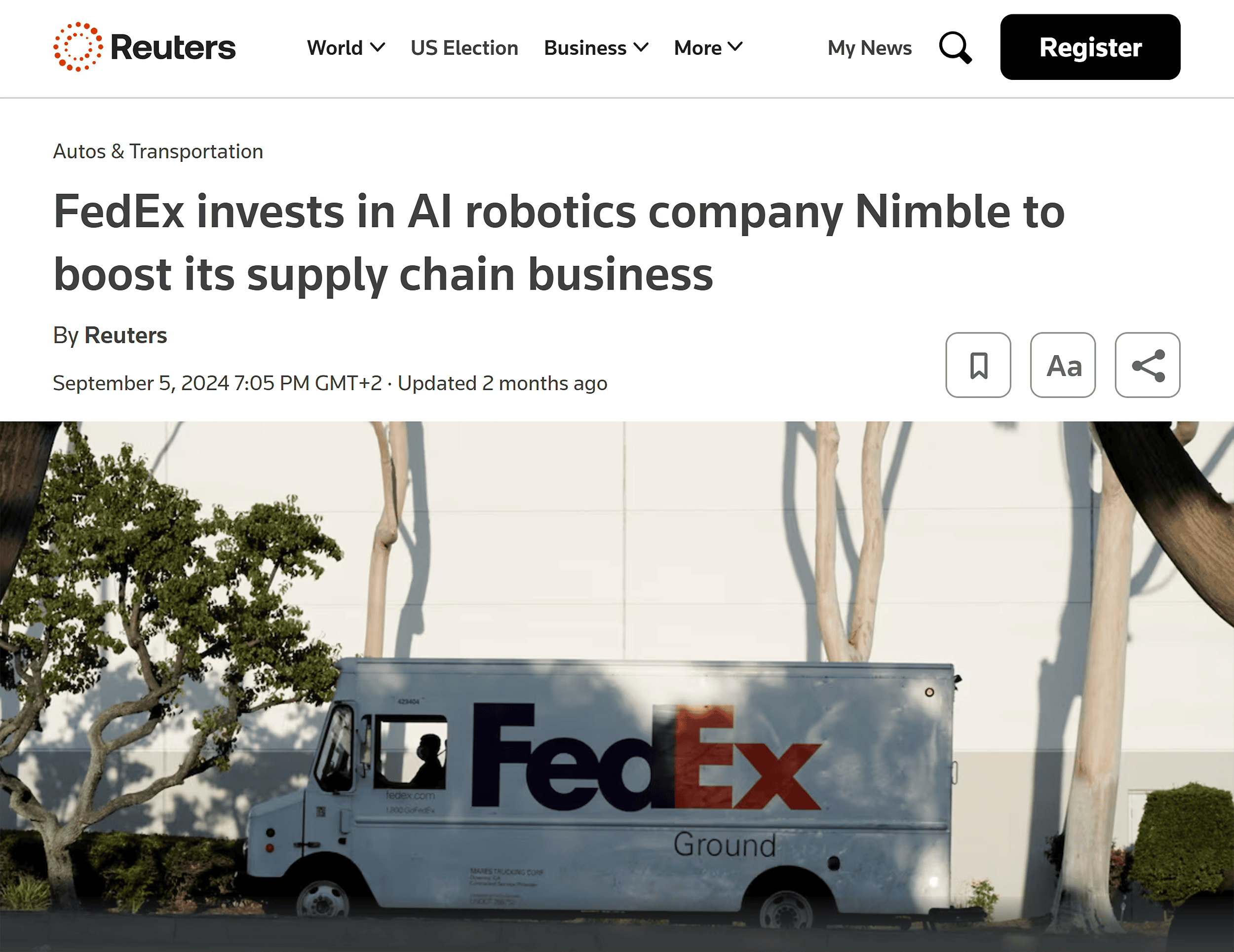 Reuters – FedEx invests in AI robotics