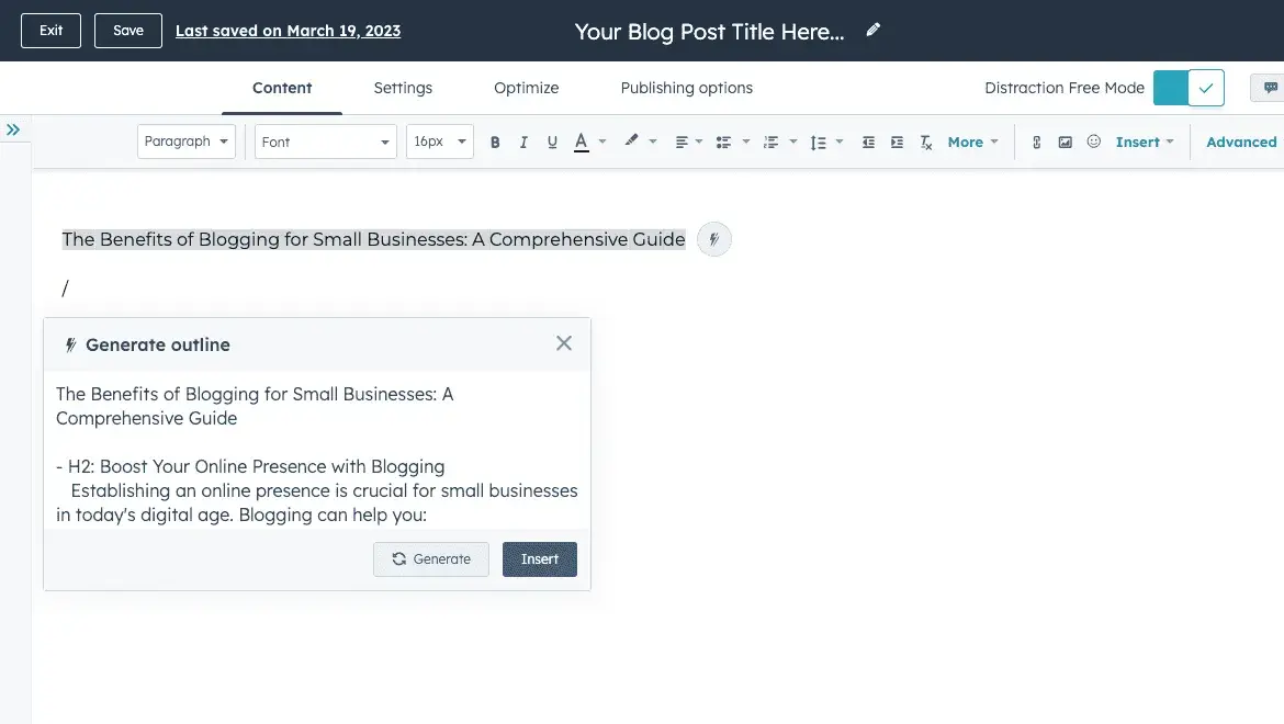 HubSpot’s AI blog writer can help you generate an outline