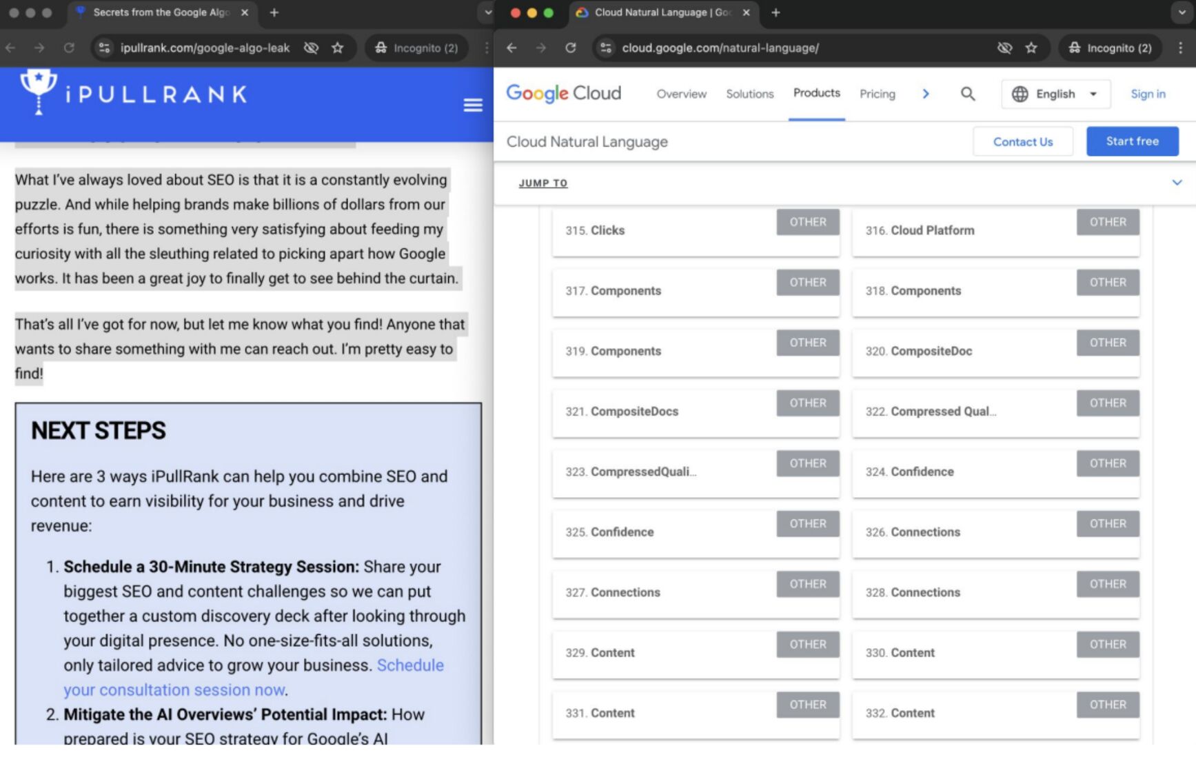 Screenshot from Bernard Huang's Ahrefs talk showing analysis of iPullRank's Google Leak article, using Google's NLP API on right of screenshot. Analysis reveals page embedding topics like "Clicks, components, Cloud platform, connections, content, confidence etc."