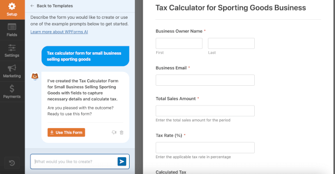 WPForms tax calculator AI