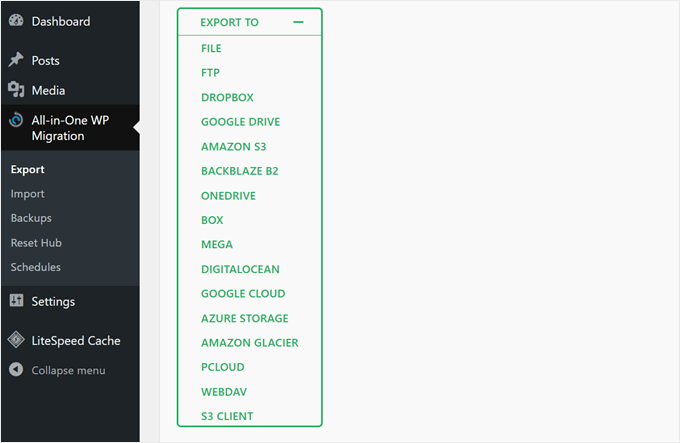 All in One WP Migration's export options