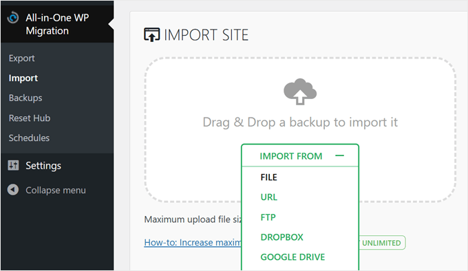 All in One WP Migration's drag-and-drop import feature