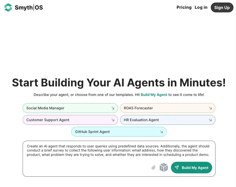 smythos homepage showing interactive build my agent