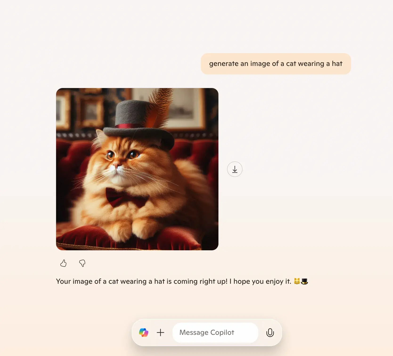 screenshot of a copilot ai chatbot conversation prompting an image of a cat in a hat.