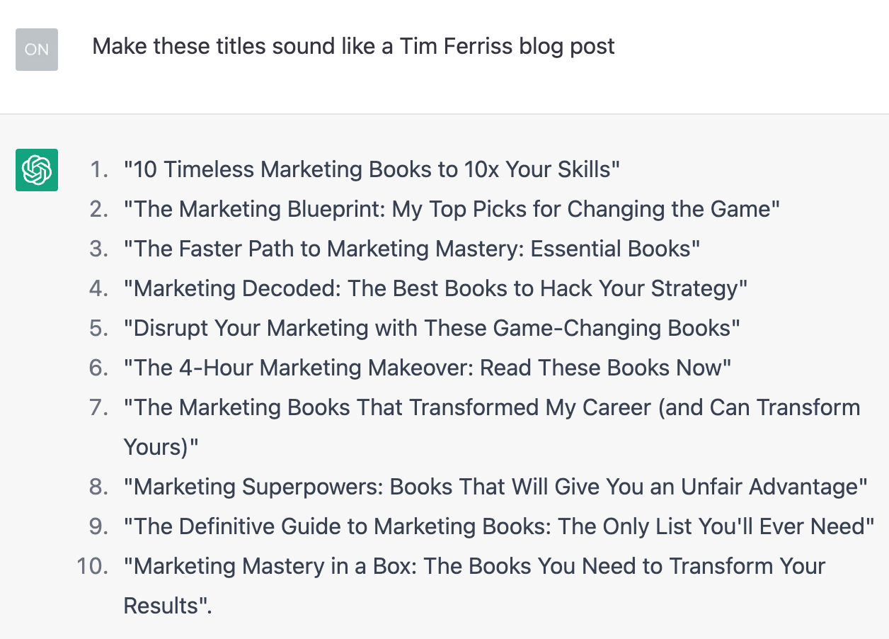 ChatGPT prompt to create article titles that sound like Tim Ferriss.