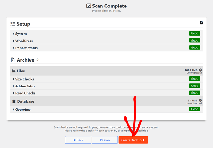 Creating a new backup file with Duplicator