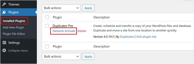 Activating Duplicator in WordPress multisite