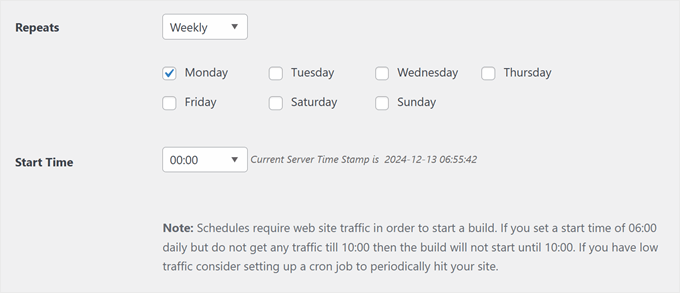 Choosing a backup schedule for the automated backups in Duplicator