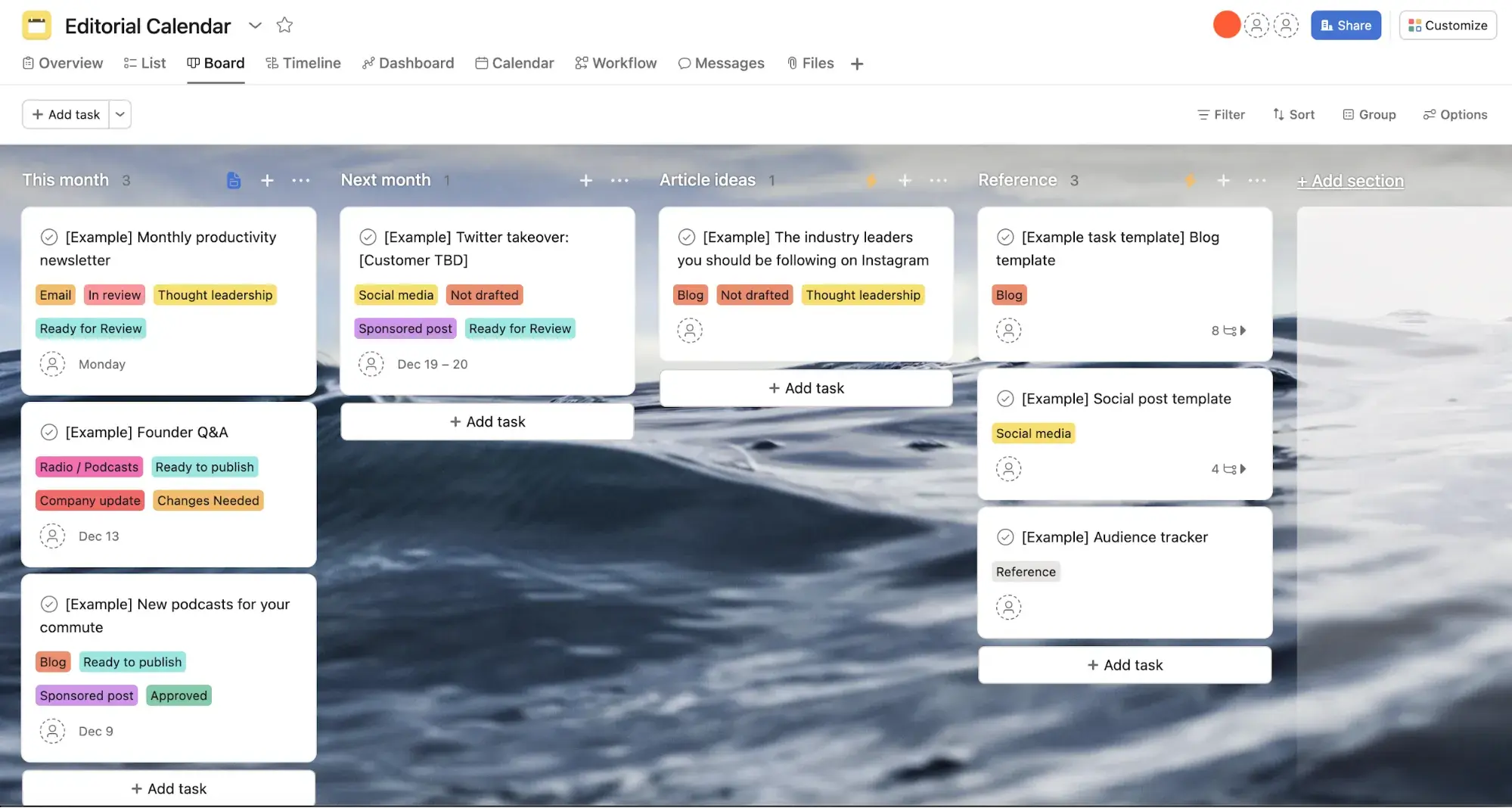 Screencap of Asana editorial calendar template, Kanban view.