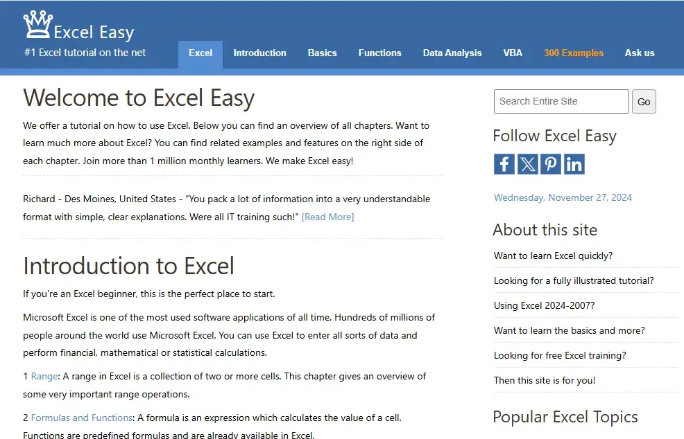 excel easy, excel resources