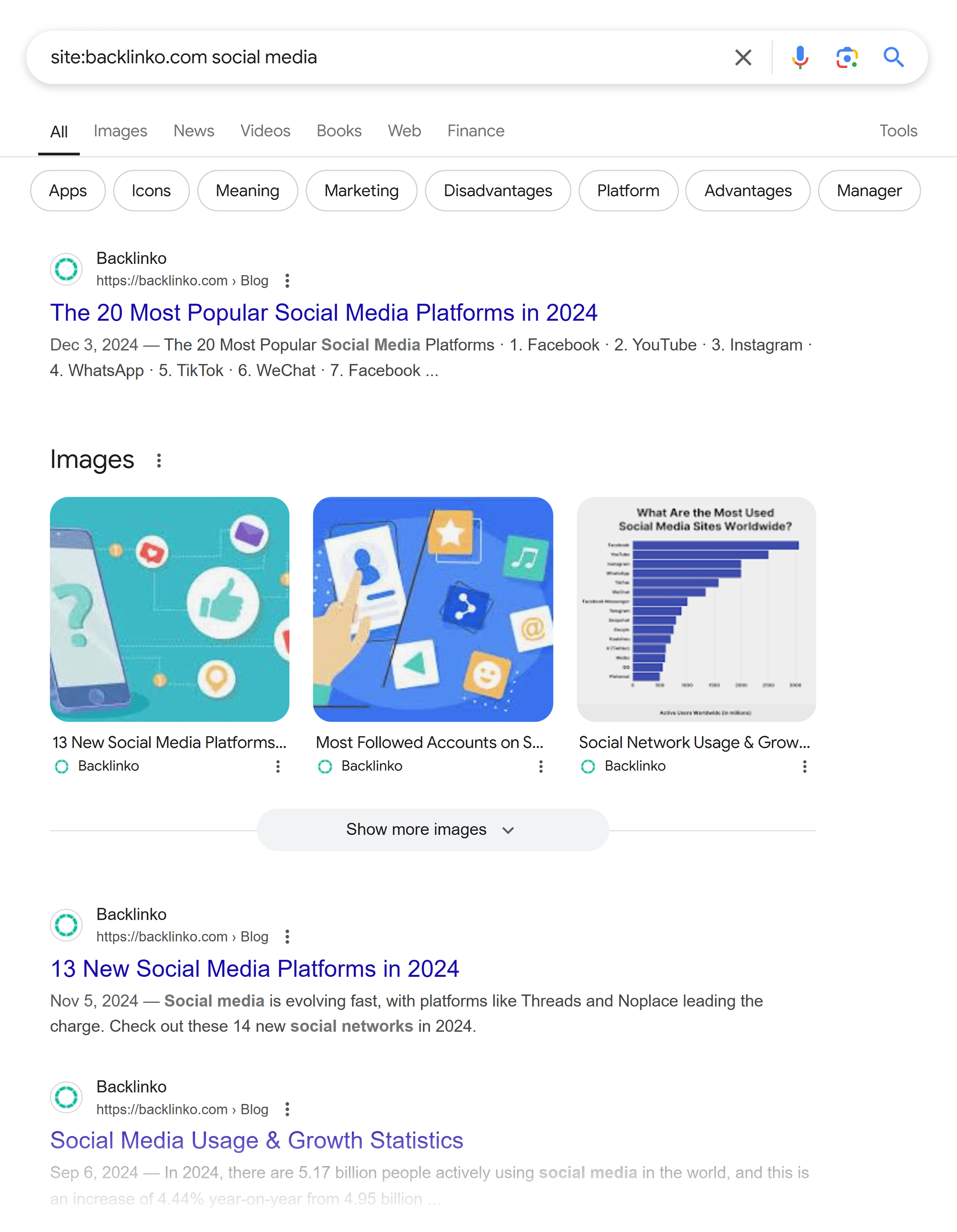 Google SERP – Site:backlinko – Social media