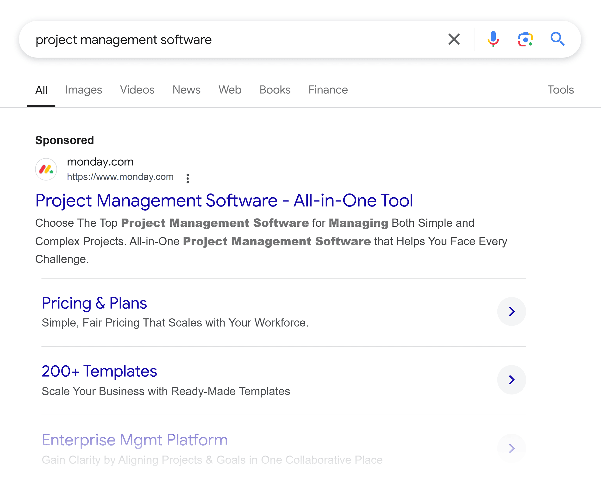 Google SERP – Project management software – Monday ad