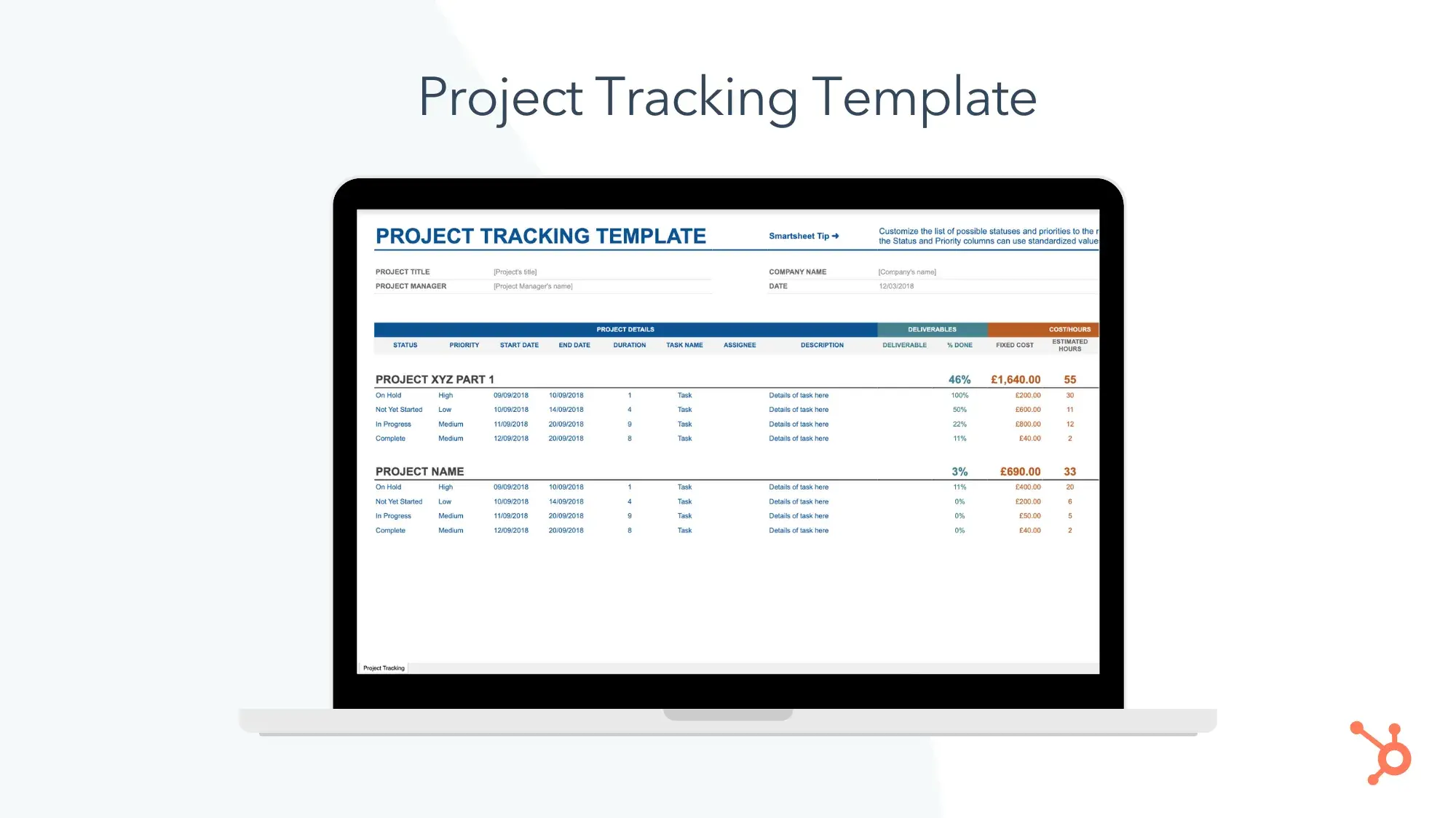 screencap of project tracking template.