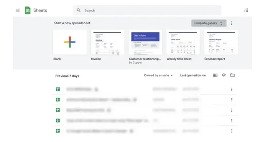 screencap of google sheets’ template gallery.