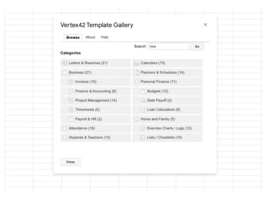 screencap of vertex42 template gallery.