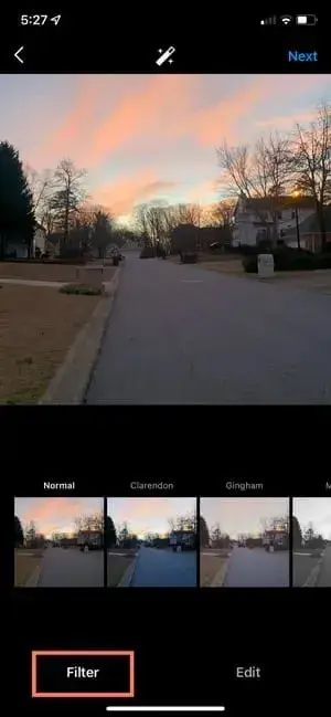 screenshot showing the process of filtering an image to instagram.