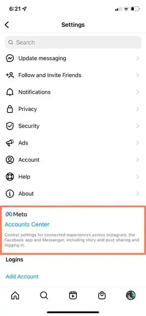 screenshot showing how to connect instagram to facebook with the meta accounts option highlighted.