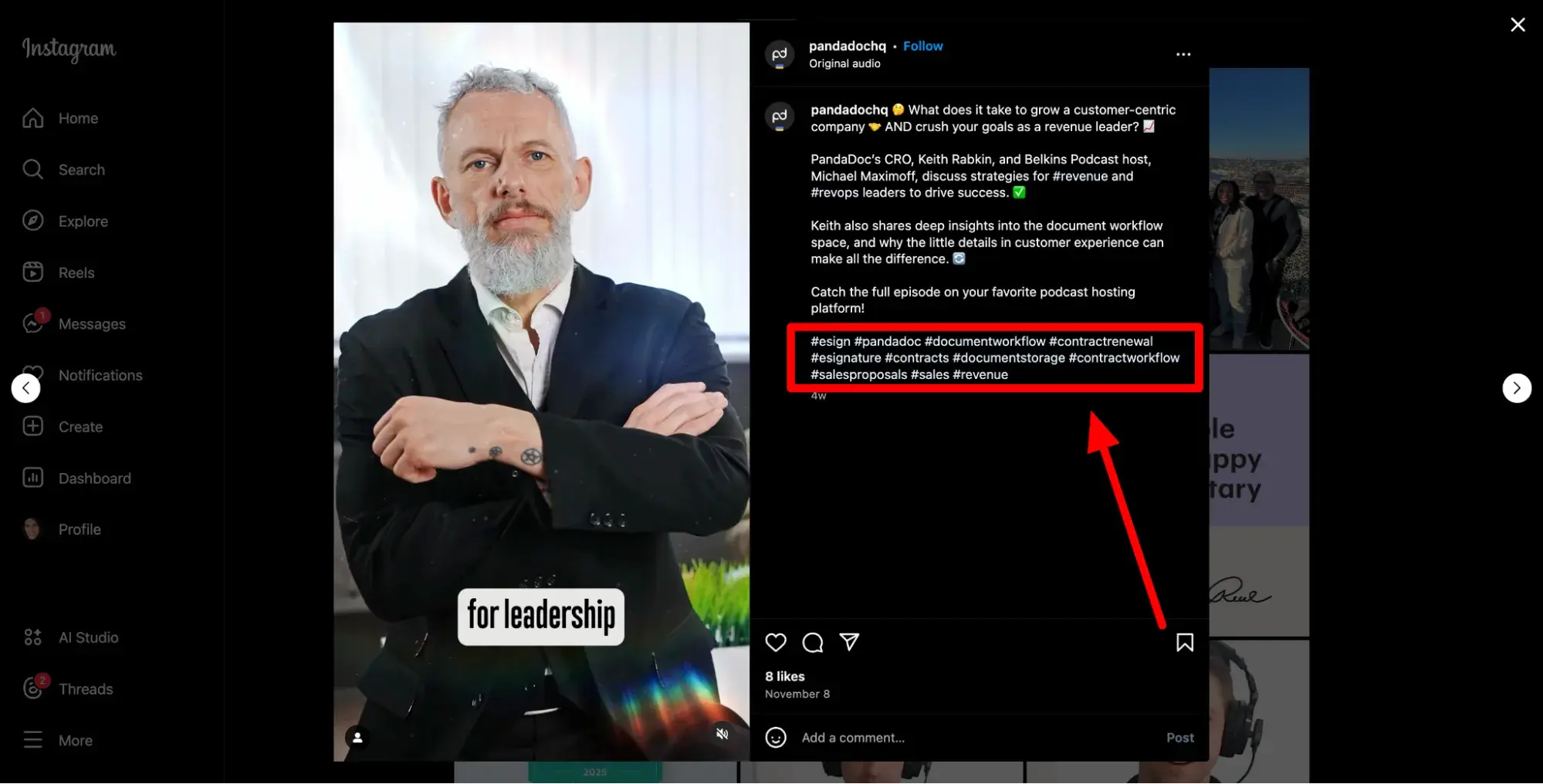 screenshot showing how pandadoc makes use of relevant hashtags on instagram.