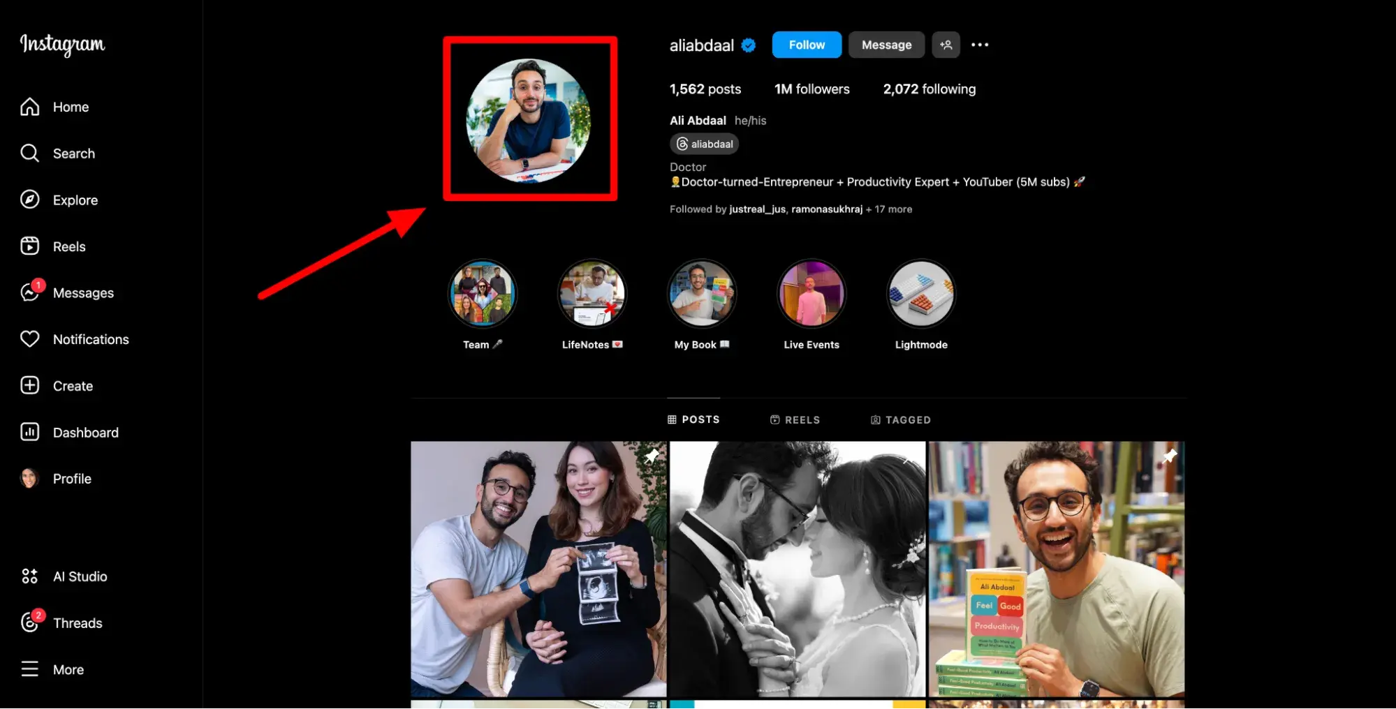 screenshot showing how ali abdaal uses a photo of himself for his profile picture on instagram.