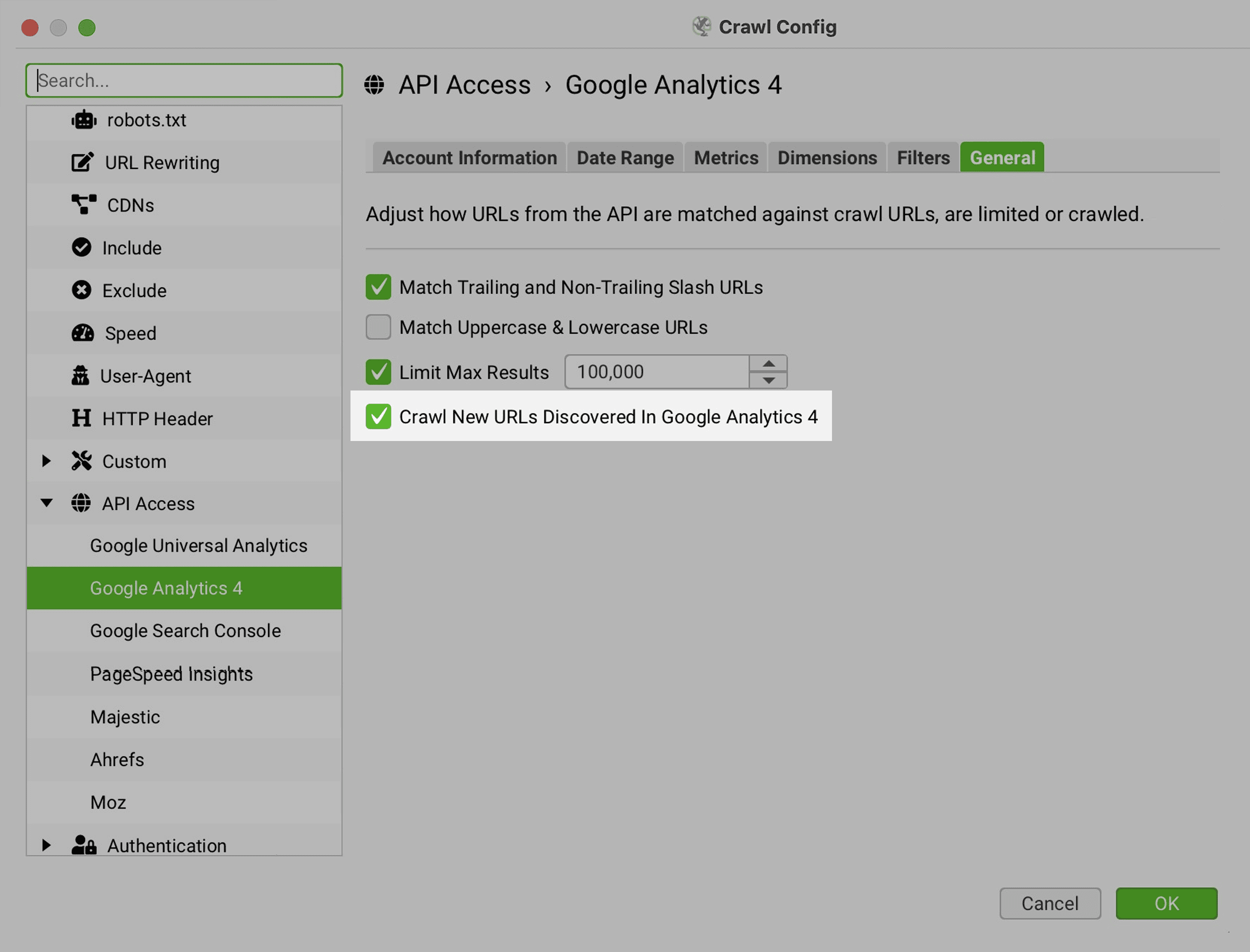 Screaming Frog – Crawl Config – API Access – GA4