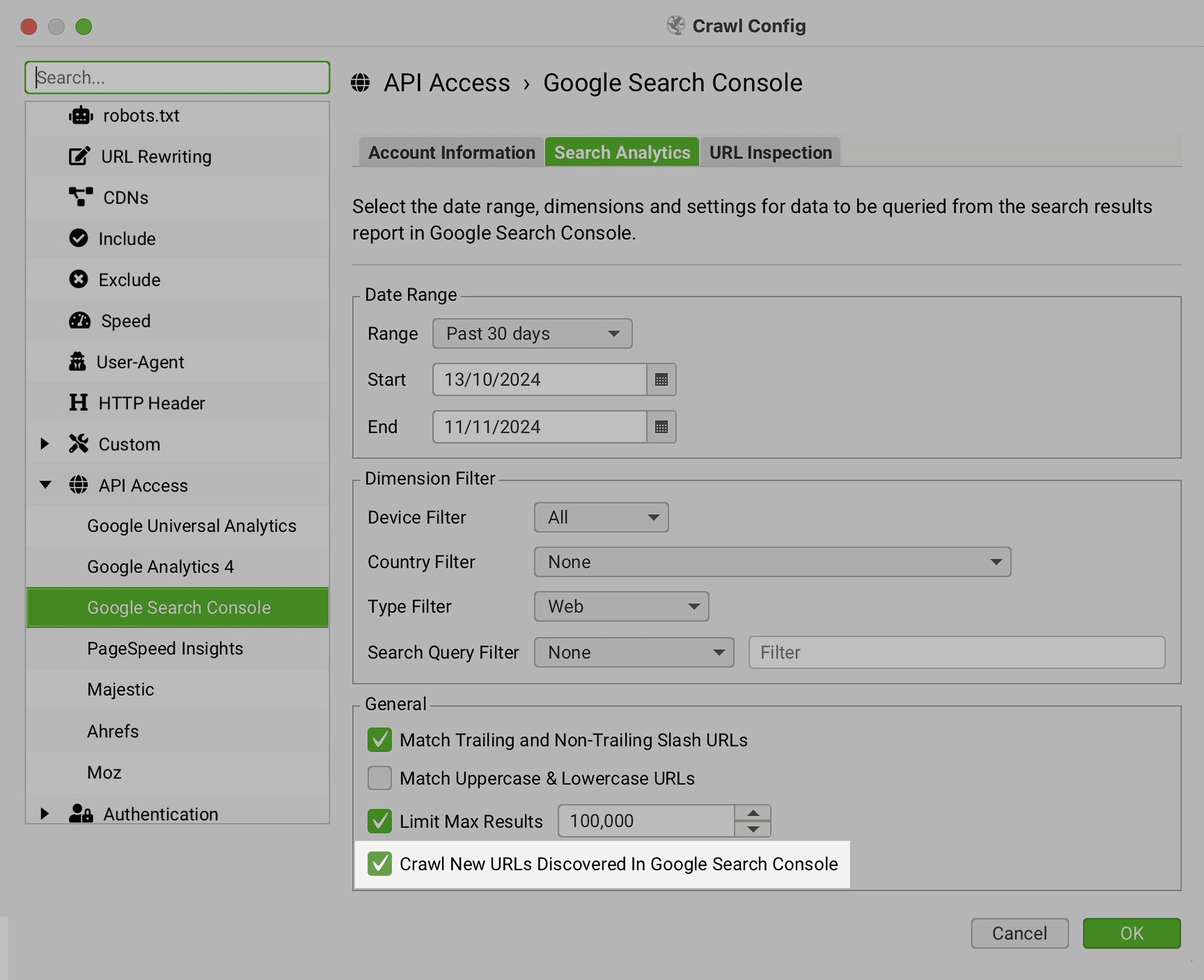 Screaming Frog – Crawl Config – API Access – GSC