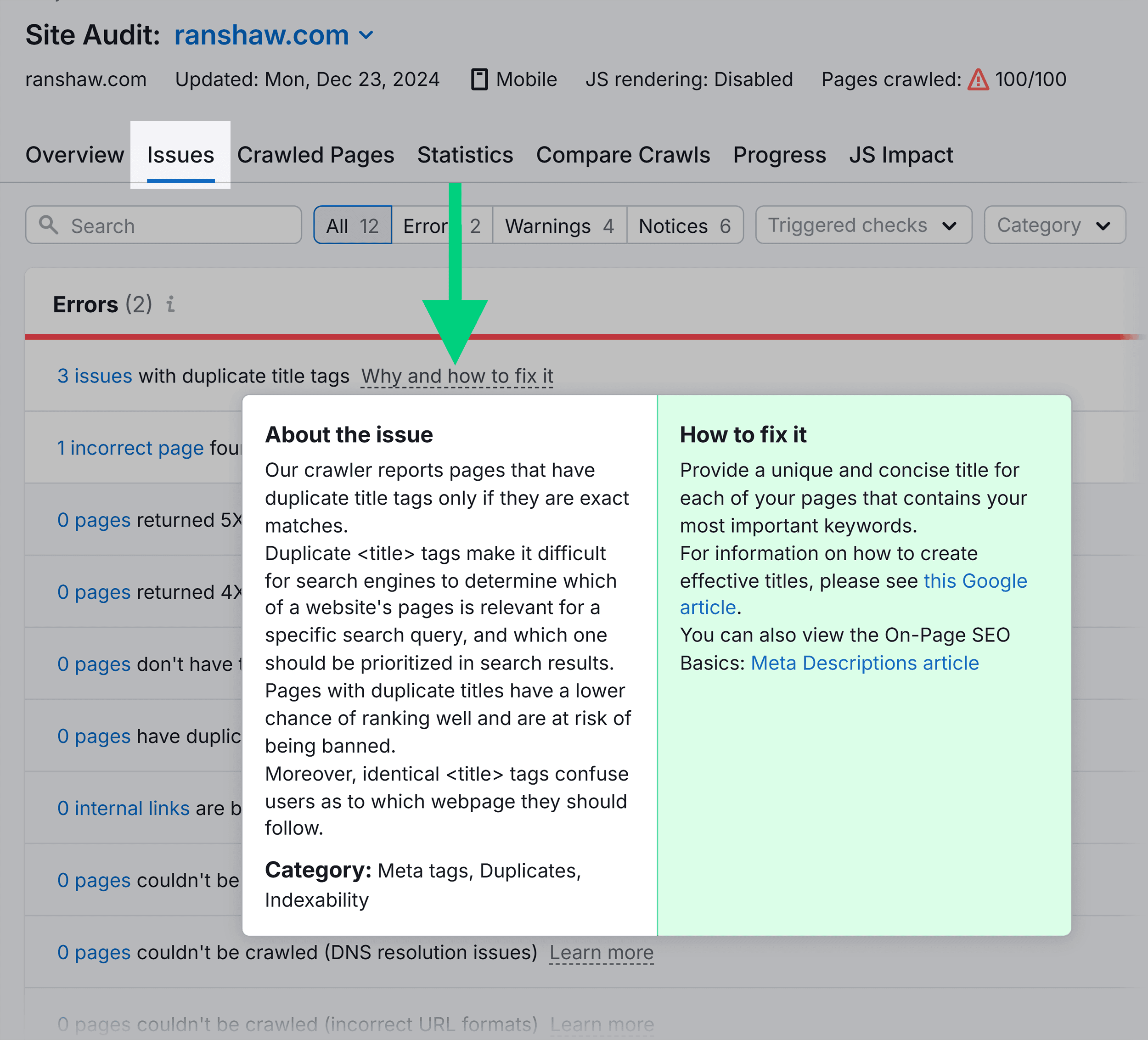 Site Audit – Ranshaw – Issues – How to fix it