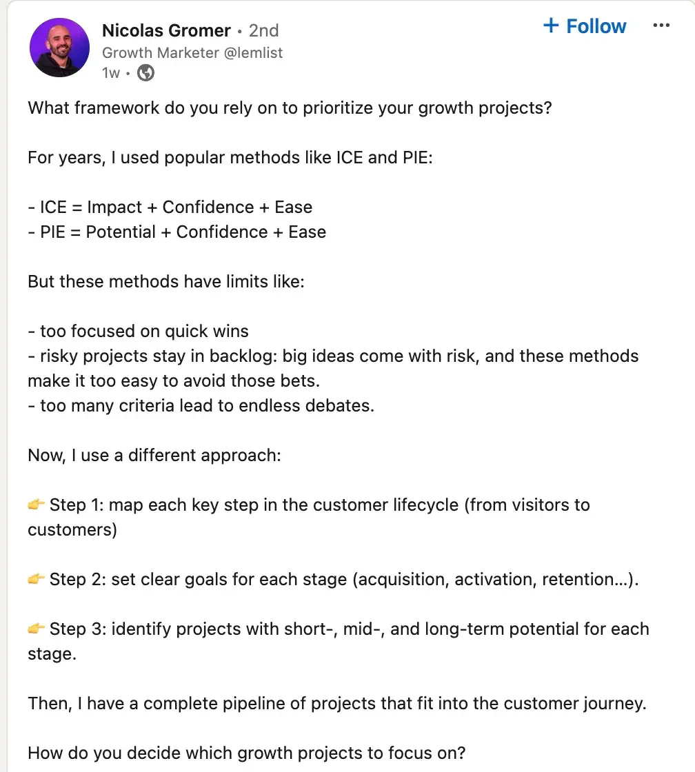 linkedin post by growth marketer at lemlist