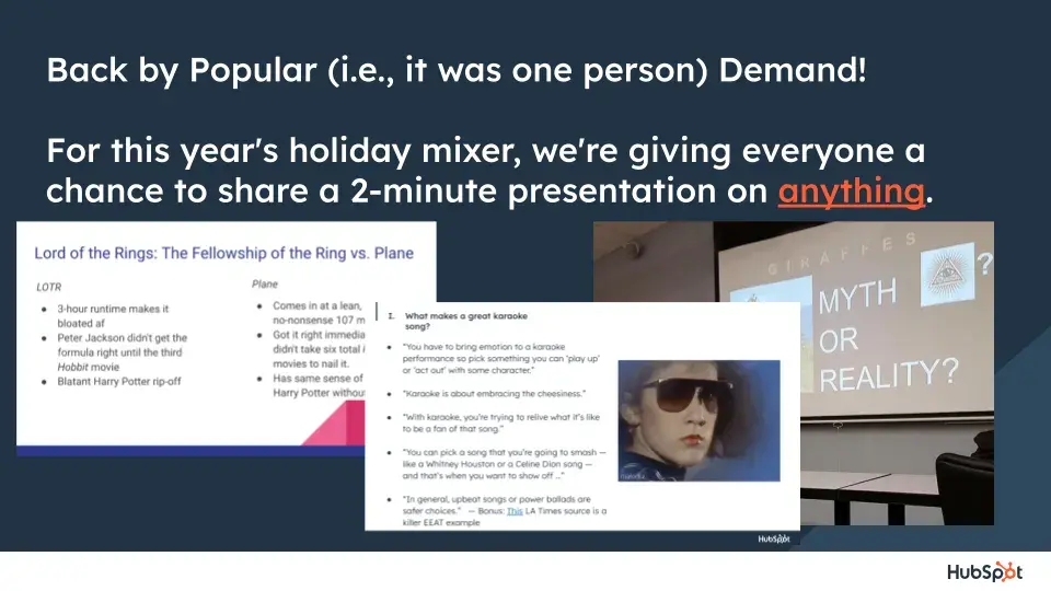 virtual holiday party ideas, anything presentation intro slide