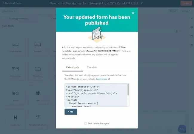 web form instructions: hubspot, embed and publish