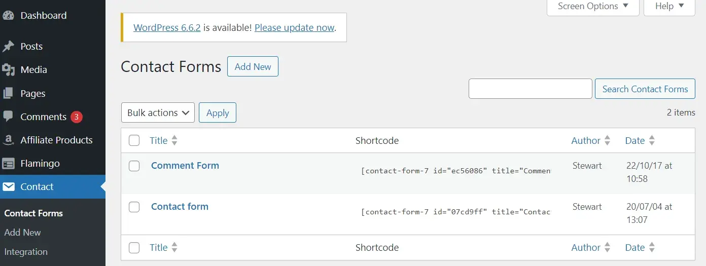 screenshot shows how contact form 7 works in the backend of my blog.