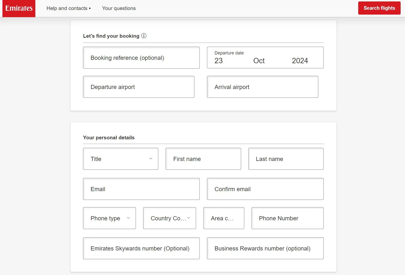 web form design: a screenshot of emirates’ refund contact form shows how web forms of this nature can ask for specific details using text fields and drop-downs.