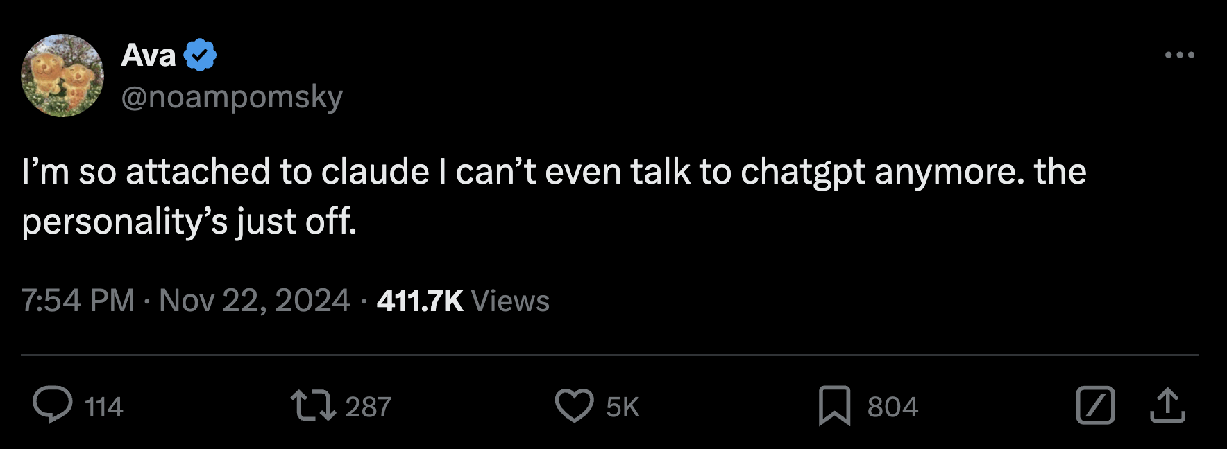 An example post on X from Ava reading "I'm so attached to claude I can't even talk to chatgpt anymore. the personality's just off."