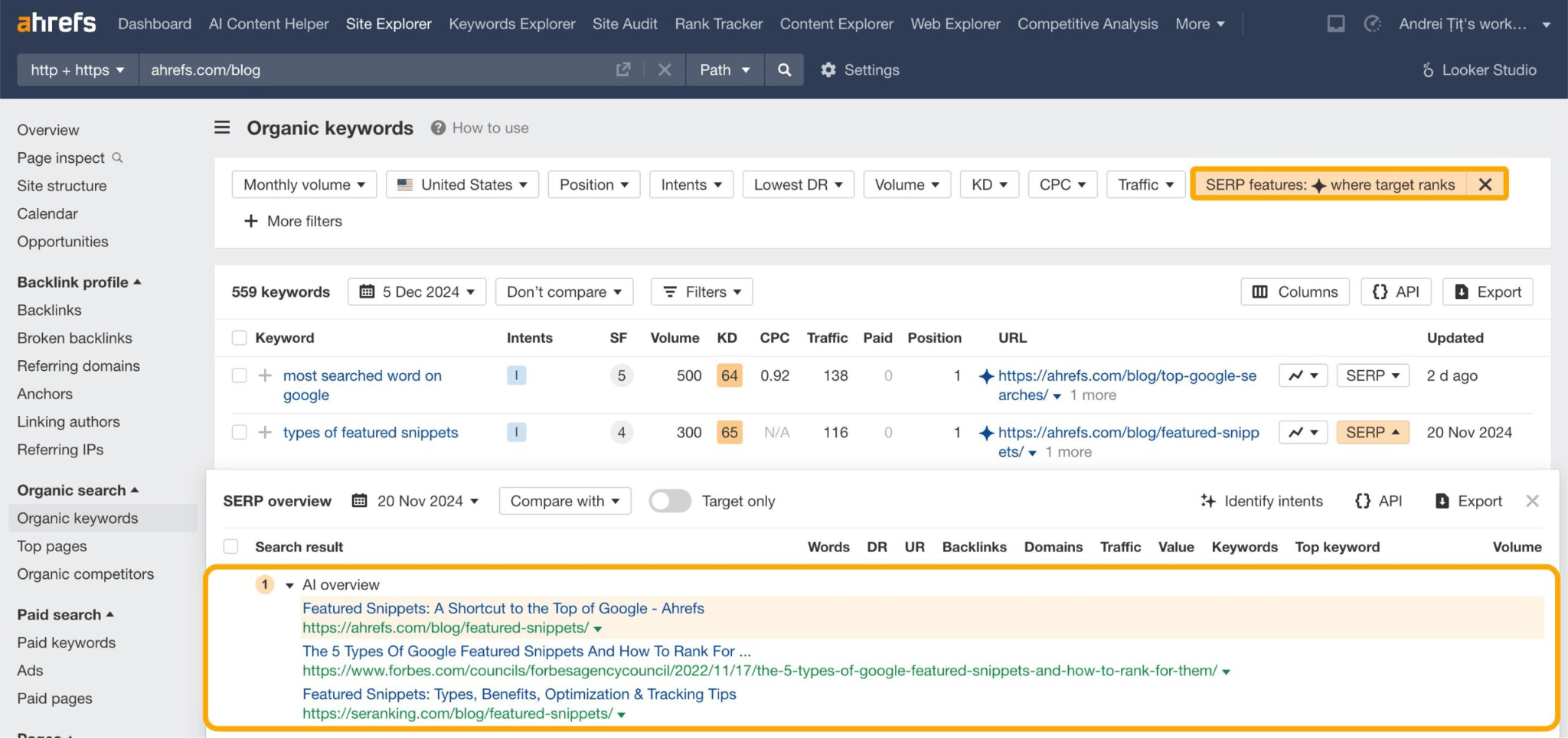 A screenshot of Ahrefs showing the top 3 AI Overview results for Ahrefs Blog in the Organic Keywords report.