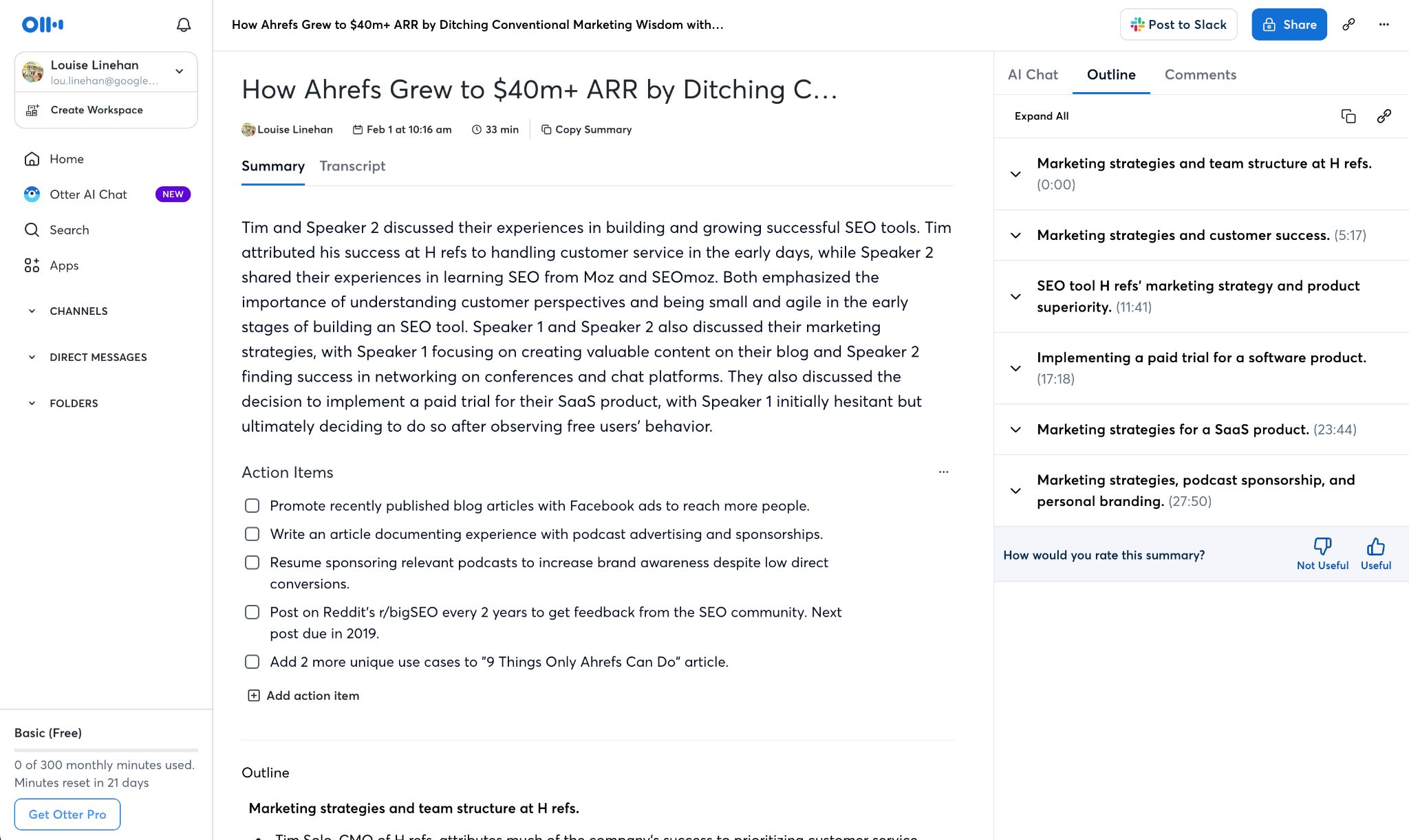 A screenshot of one of the best AI content creation tools: Otter.ai. The shot shows the 'summary' part of the tool, showing an overview, action items, and outline for the podcast 'How Ahrefs Grew to $40m ARR'