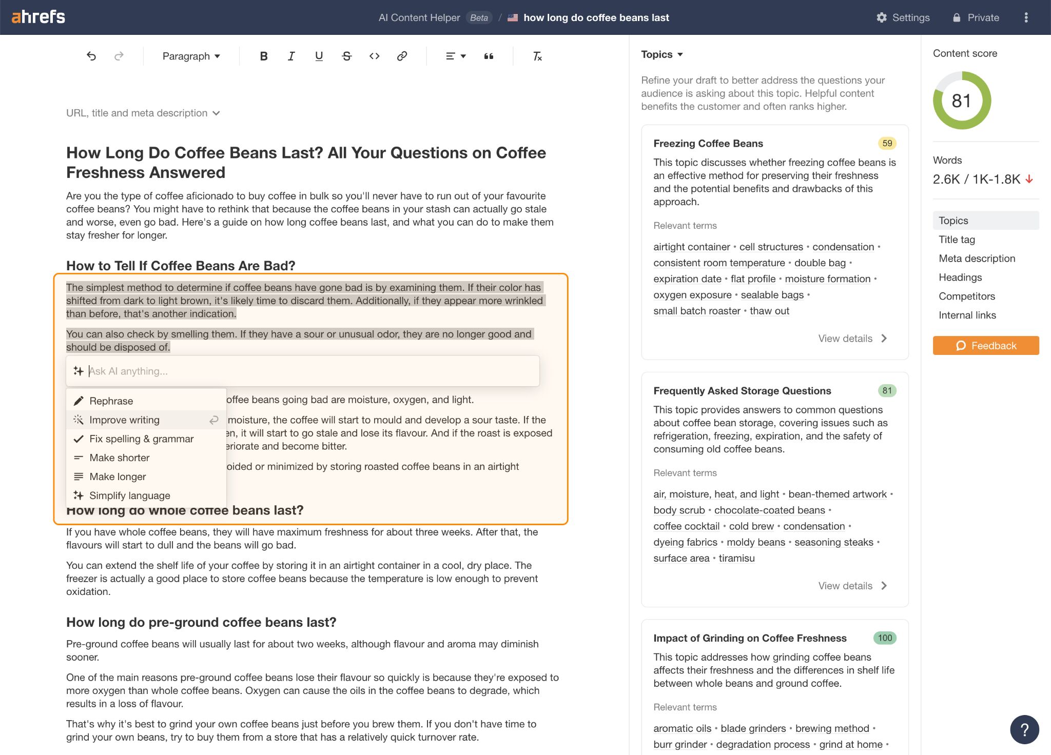 A screenshot of Ahrefs AI Content Helper showing AskAI to 'improve writing' for a highlighted sentence in the article 'How long do coffee beans last?'