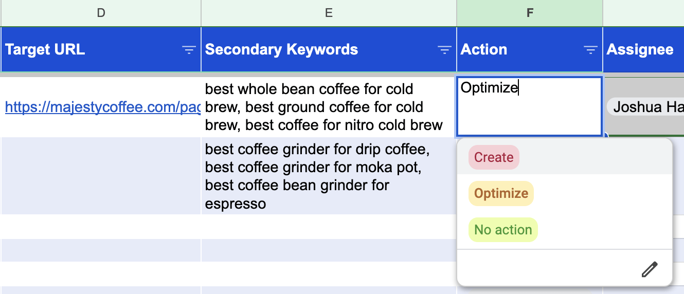 A content marketing plan template for keyword mapping in Google Sheets as laid out by ahrefs