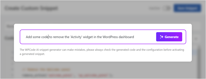 Asking WPCode AI to remove a specific WordPress dashboard widget